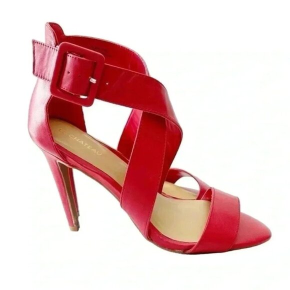 Le Chateau Strappy Leather Sandals High Heel Stilettos Red Size 7.5 - Picture 1 of 15